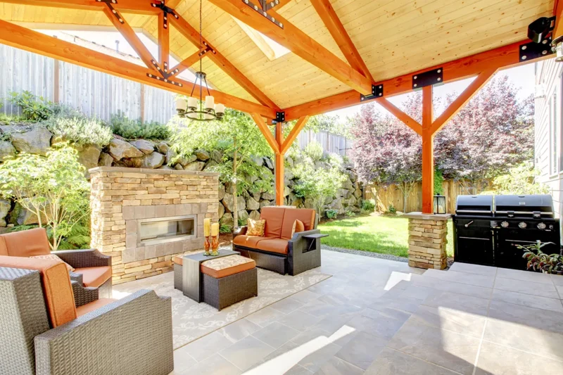 Paver Patio With Fireplace And Overhang