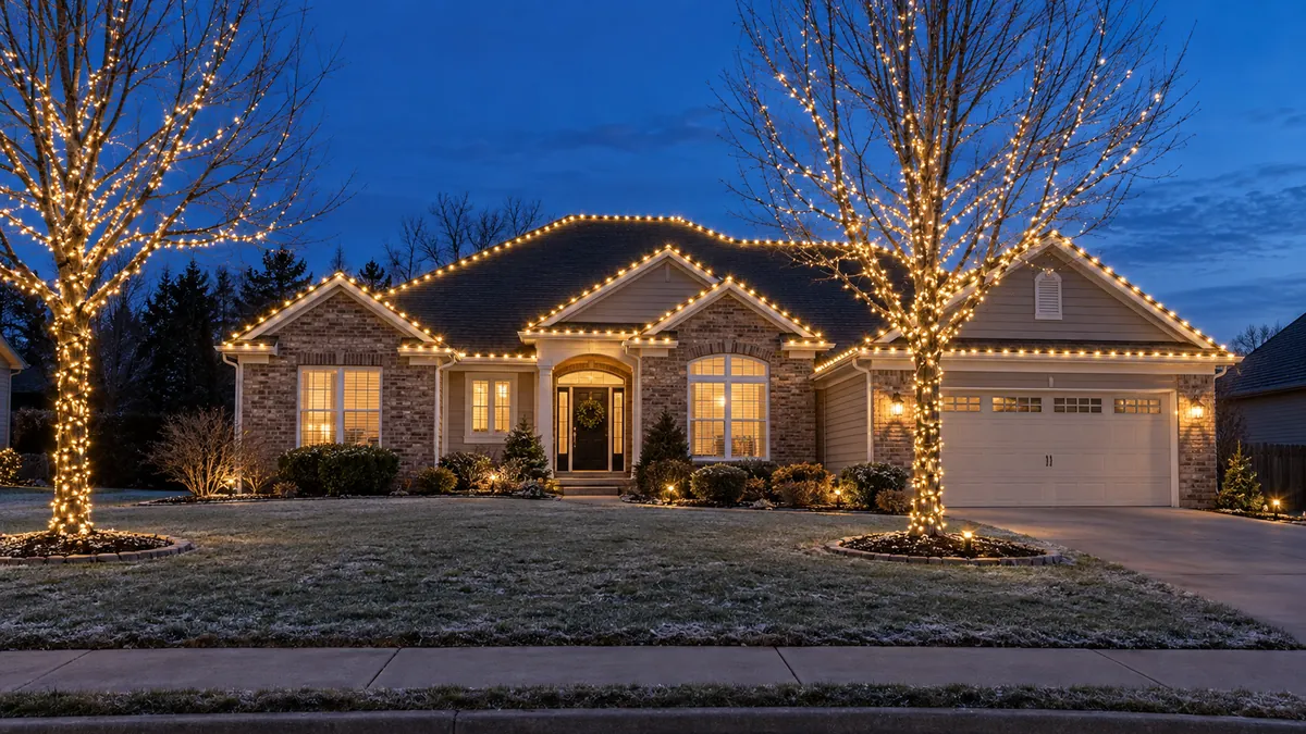Christmas lights installed along a home roofline in Wichita, Kansas